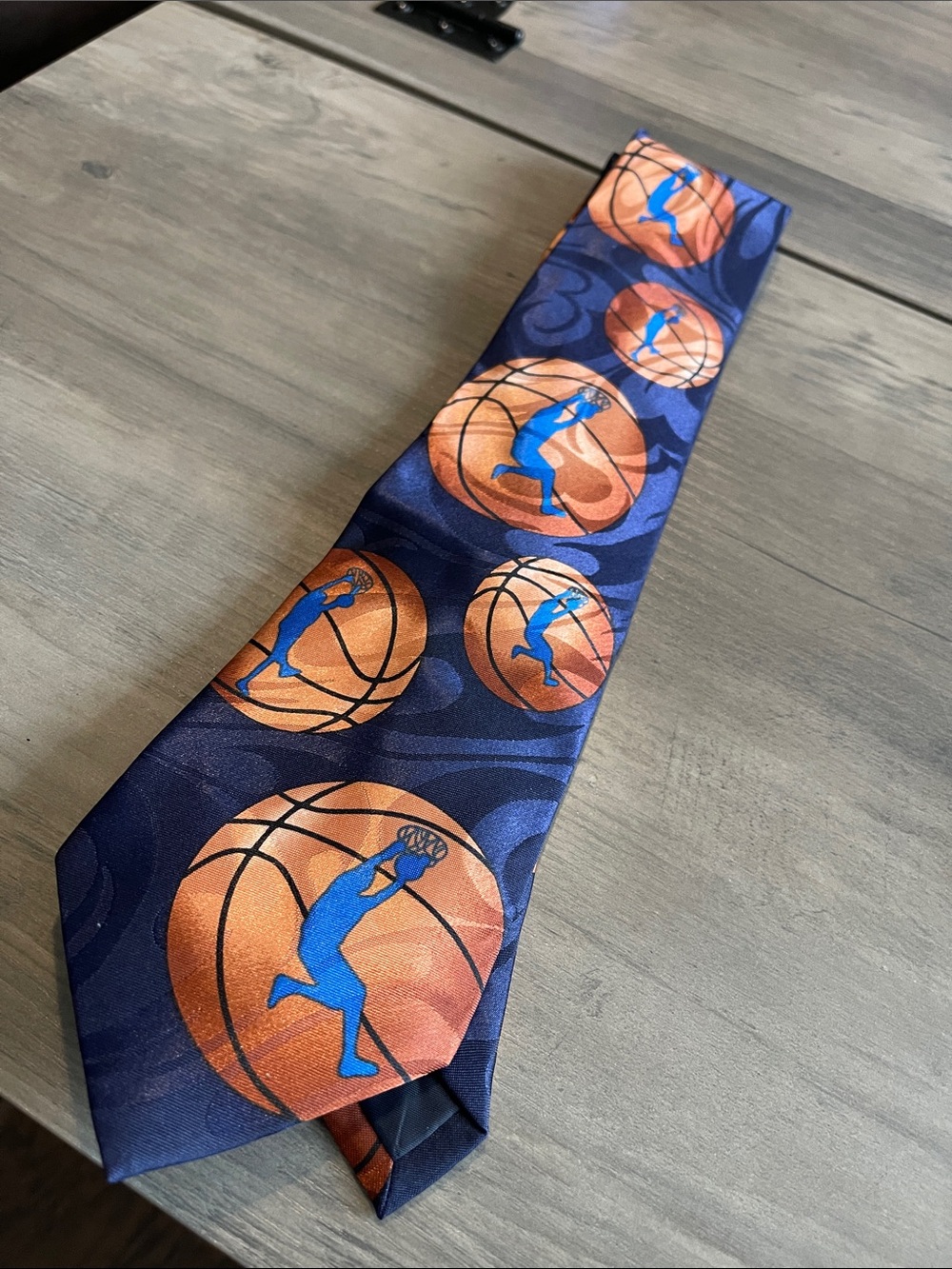 Navy Basketball Motif Tie with Orange & Blue Accents